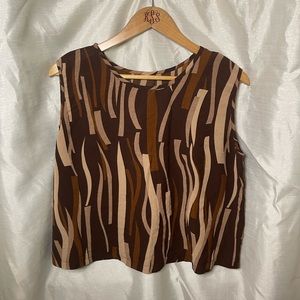 VTG 80’s Retro Brown Tan Wavy Vertical Striped Cropped Flowy Tank Top Blouse